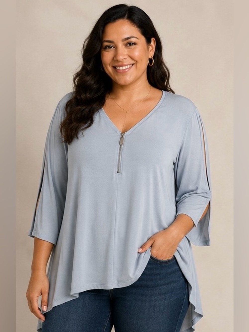 Chaus Light Blue Zip-Front Women's Top- stylish Sleeves - Size XL